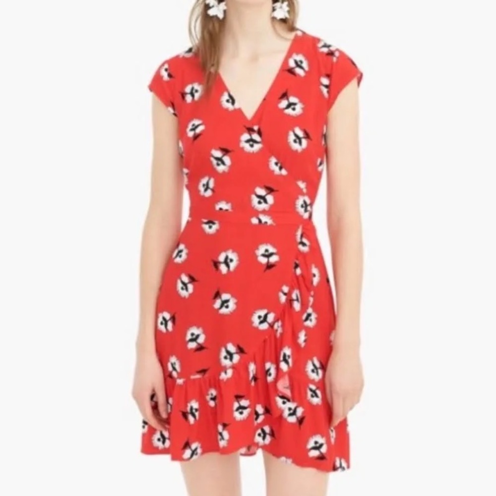 J Crew Red Floral Ruffle Faux Wrap Dress
